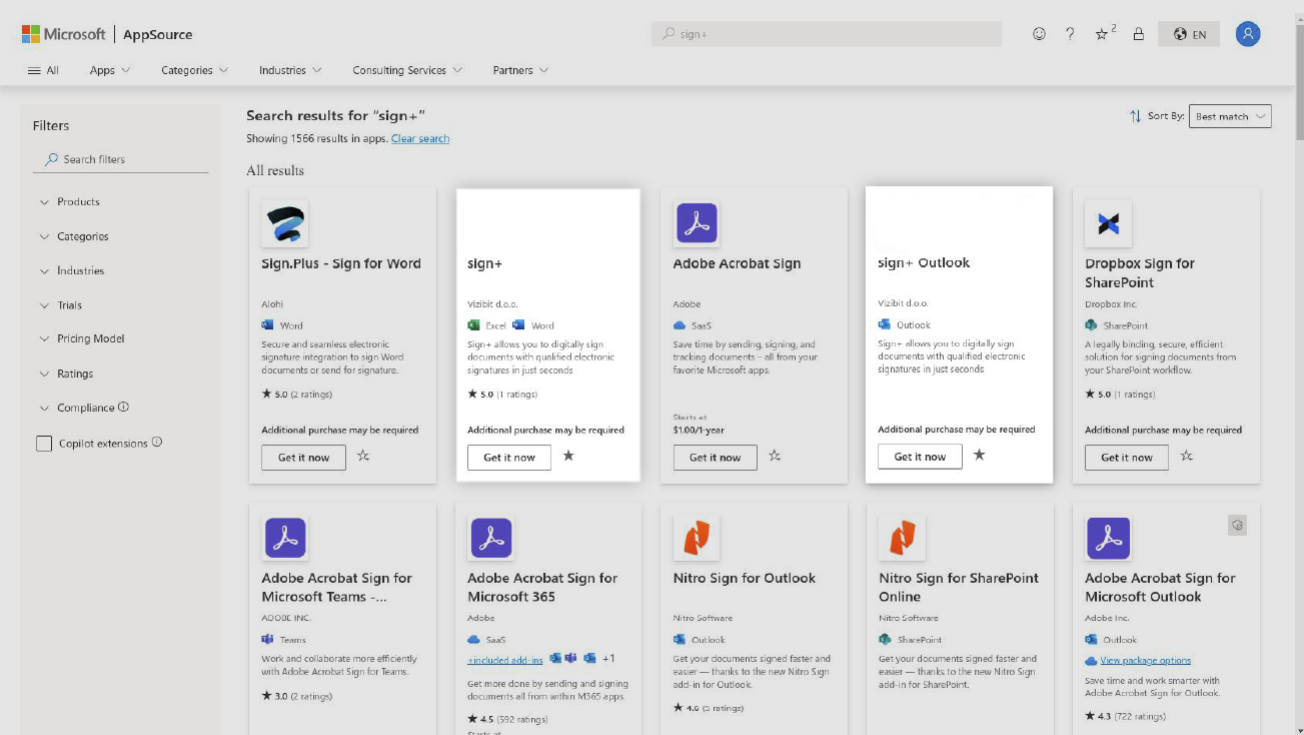 Microsoft AppSource — rezultati pretrage za sign+, dodaci Sign+ i Sign+ Outlook tvrtke Vizibit d.o.o.